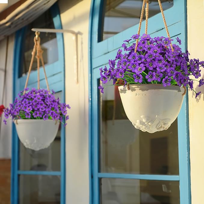 Outdoor Artificial Flowers 21 UV Resistant Bundles Fake Flower Plastic Plants Faux Silk Flowers Porch Hanging Garden Porch Window Box Decorating (Purple)
