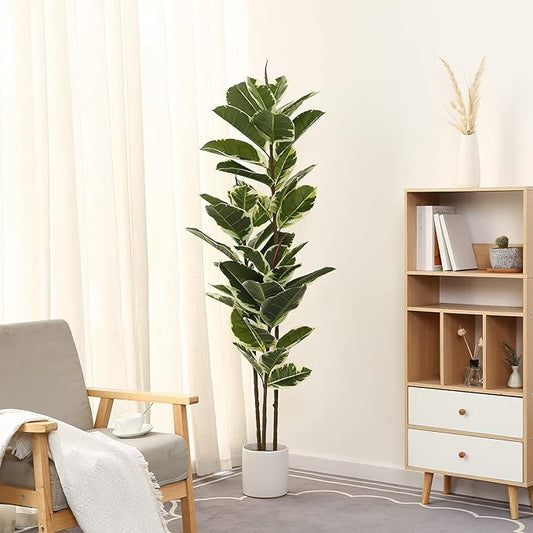 Artificial Rubber Tree Plant 5ft Tall Faux Ficus Tree Potted Fake Tropical Plants Decorative House Plants Large Floor Artificial Trees for Home Office Store Room Decor