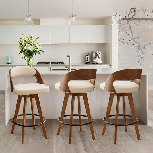 Barstools Set of 3,Counter Height Bar Stools for Kitchen Island,26.8 Inch H Modern Upholstered Bar Chair, Swivel Counter Stools with Wood Back and Bamboo Legs (Beige-Pu)