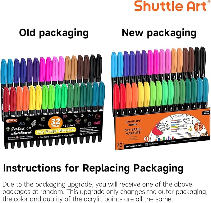 Shuttle Art Dry Erase Markers, 32 Pack 16 Colors Whiteboard Markers,Fine Tip Dry Erase Markers for Kids,Perfect For Writing on Whiteboards,Dry-Erase Boards,Mirrors,Calender,School Office Supplies