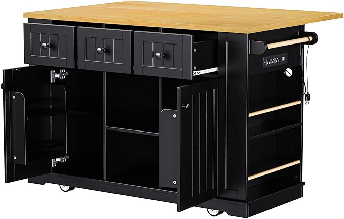 Merax 53" Upgraded Kitchen Cart Island with 2 Bar Stools on Wheels with Power Outlet,Drop Leaf,3 Drawers and 5 Open Side Racks,Wood Frame Storage Cabinet