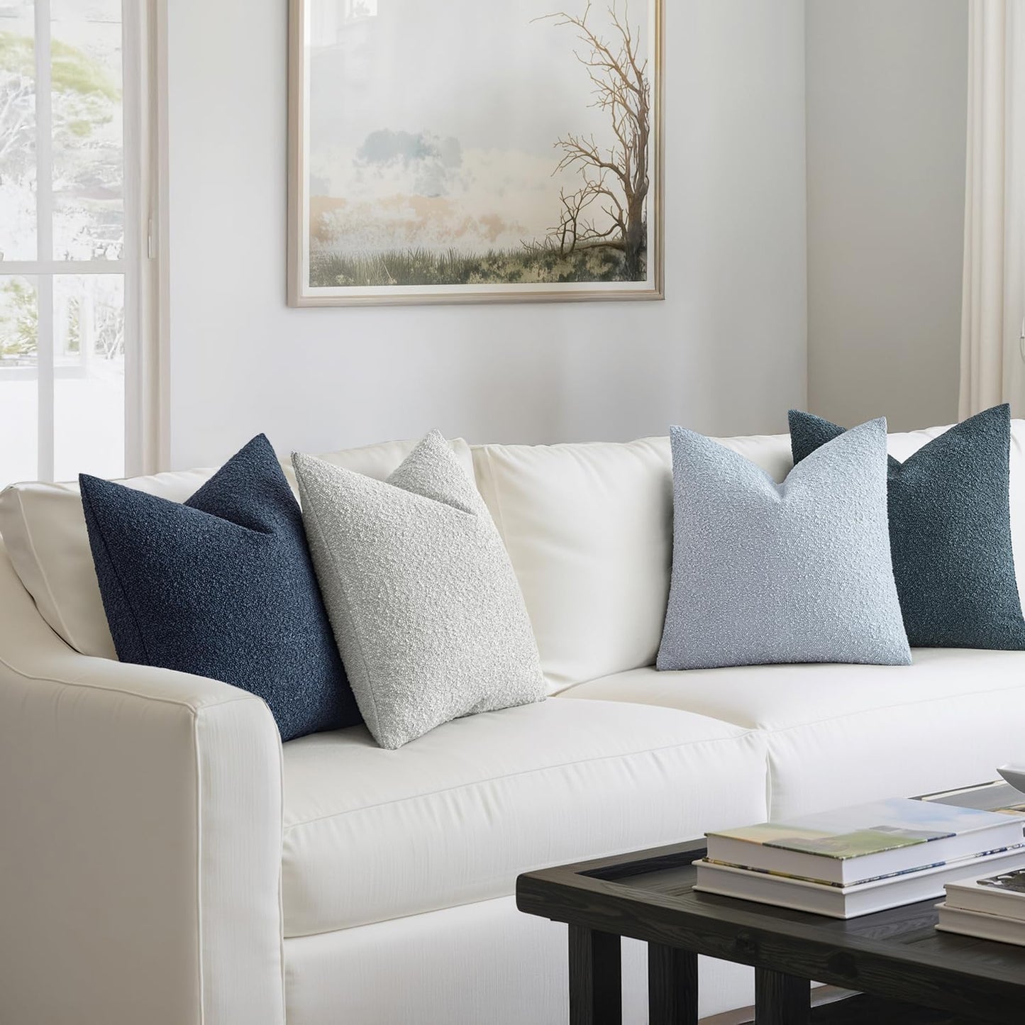 MIULEE Pack of 4 Decorative Textured Boucle Throw Pillow Covers 18x18 Inch Neutral Blue Accent Solid Pillow Cases Couch Cushion Covers for Modern Farmhouse Boho Chair Sofa Bed Livingroom Home Decor