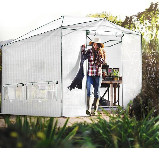 EAGLE PEAK Replacement Cover for 12x8 Portable Walk-in Pop up Greenhouse, Front and Rear Roll-Up Zipper Entry Doors and 4 Large Roll-Up Side Windows (Frame Not Included), White