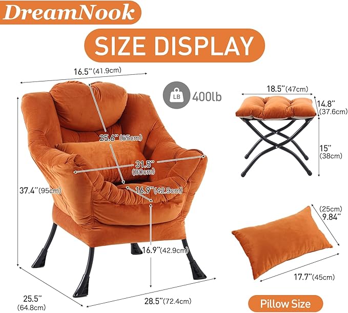 Lazy Chair with Ottoman, Modern Accent Chair with Lumbar Pillow, Comfy Chairs with Folding Footrest for Bedroom, Reading, Oversized Supportive Lounge Chairs(Velvet Orange)