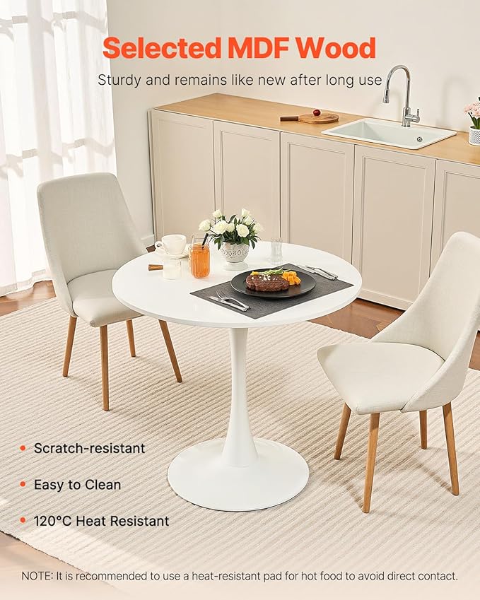 VEVOR Round Dining Table, 31.5 in Wood Table for 2-4 Person, Modern Circle Furniture, Leisure Coffee Office Tables with Pedestal Base in Tulip Design, for Home Kitchen Living Room, White(Only Table)