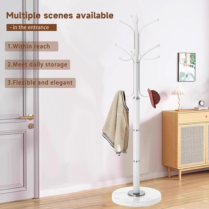 Metal Coat Rack Freestanding, Sturdy Coat Rack Stand with Natural Marble Base, White Coat Racks Tree Hats Hanger Holder Stand for Entryway, Hallway(12 Hooks)