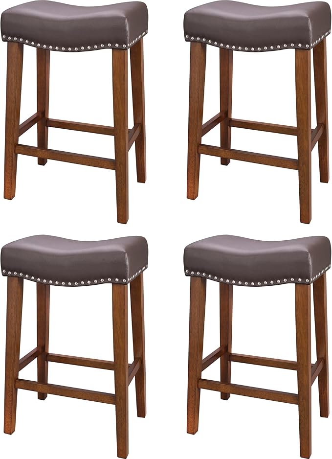PrimeZone Counter Height Bar Stools Set of 4 - Backless Saddle Barstools with 4.3" Thick Upholstered, Nailhead Trim Faux Leather & Solid Wood Legs, 26 Inch Counter Stools for Kitchen Island, Brown