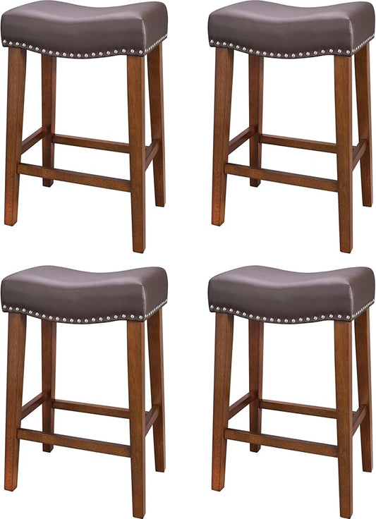 PrimeZone Counter Height Bar Stools Set of 4 - Backless Saddle Barstools with 4.3" Thick Upholstered, Nailhead Trim Faux Leather & Solid Wood Legs, 26 Inch Counter Stools for Kitchen Island, Brown