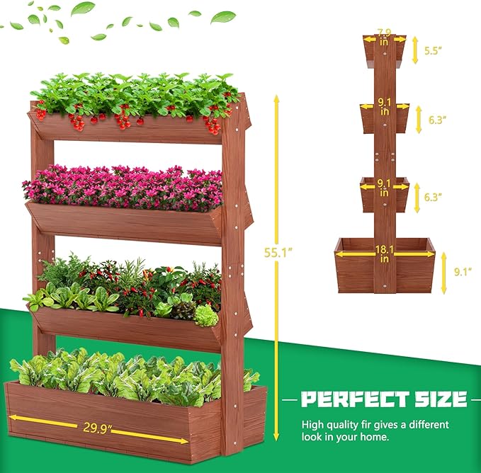 DoCred Vertical Wooden Raised Garden Bed, 4 Tier Garden Planters Freestanding Wood Plant Stand Flower Rack Wooden Planter Box for Plants Herbs Flowers Vegetables Outdoor Indoor Gardening