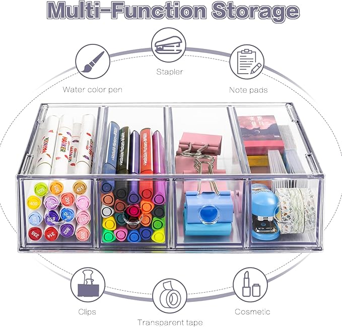 Desk Organizer with 4 Drawers, FODIENS Stackable Desktop Storage Box with Removable Drawer, Clear Sunglasses Organizer Display Case for Stationery Marker Pens Eyeglasses Office Supply