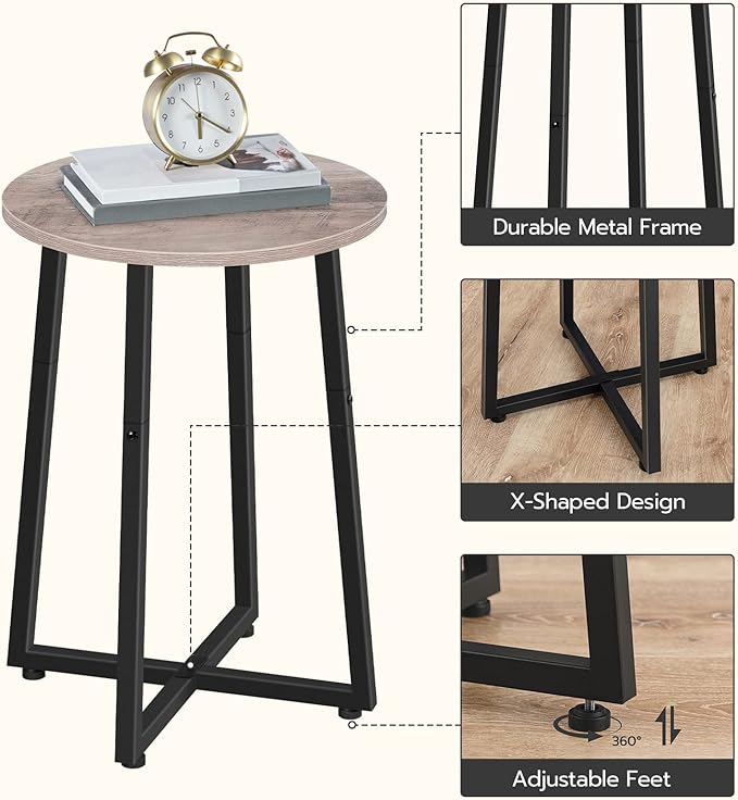 HOOBRO Side Table, Round Accent End Table with Sturdy Metal Pedestal, 15.7" Round Nightstand, for Living Room, Bedroom, Balcony, Office, Greige and Black BG95BZ01