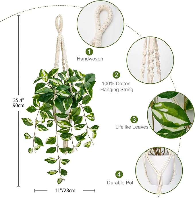 Briful Macrame Hanging Plant with Fake Pothos in White Pot, White N' Joy Faux Hanging Decor for Home Ceiling, Farmhouse Kitchen