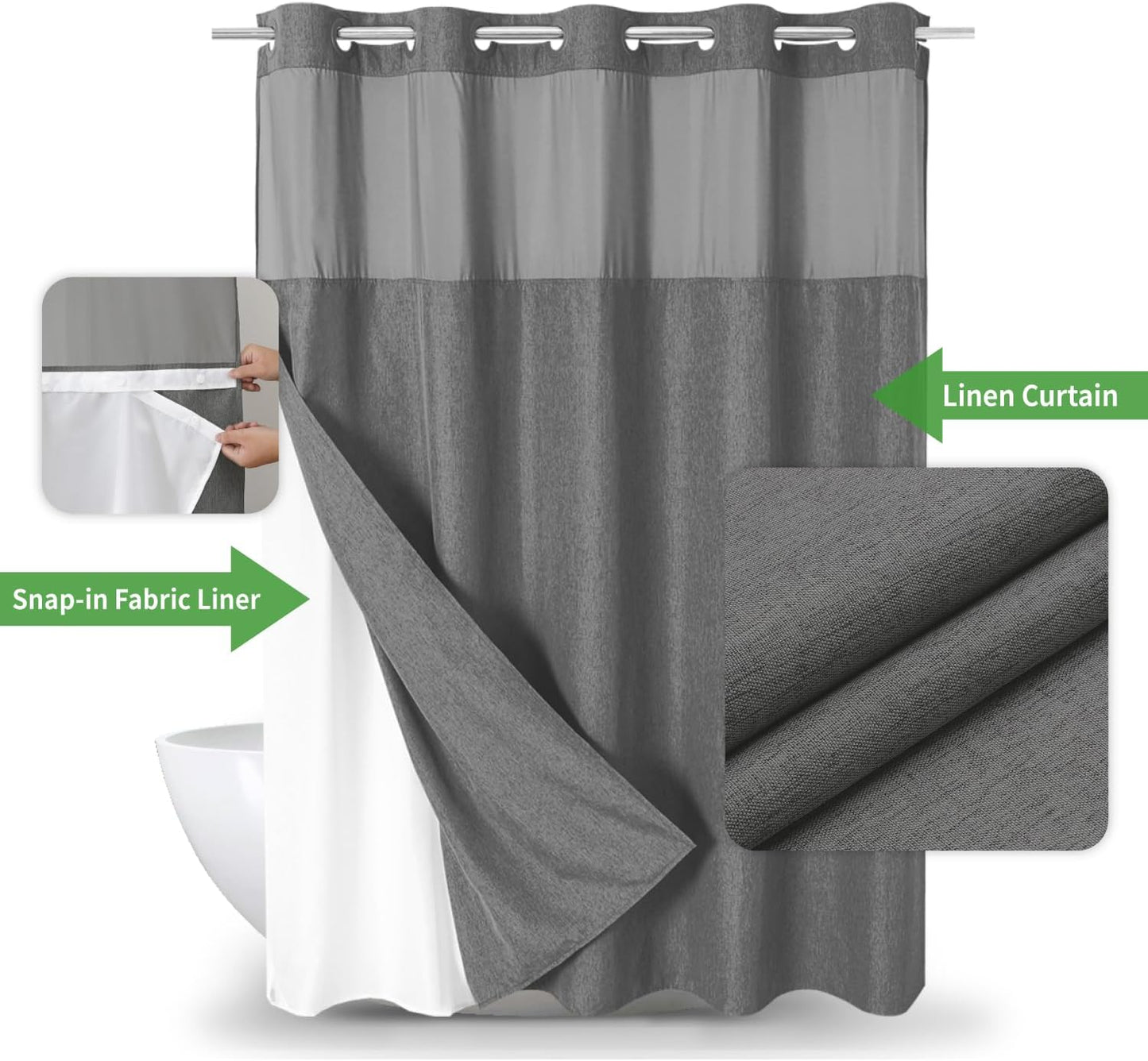Extra Long No Hooks Needed Linen Textured Shower Curtain with Snap-in Fabric Liner Set,White Hotel Luxury Decor Shower Curtains for Bathroom,Waterproof & Washable,71Wx86H,Charcoal Grey