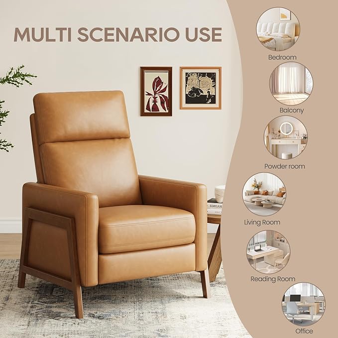 COLAMY Push Back Recliner Chair, Upholstered Leather Recliner with Footrest 118-150 Degree Adjustable, Comfy Modern Wingback Recliner for Living Room, Bedroom,Small Spaces,Camel