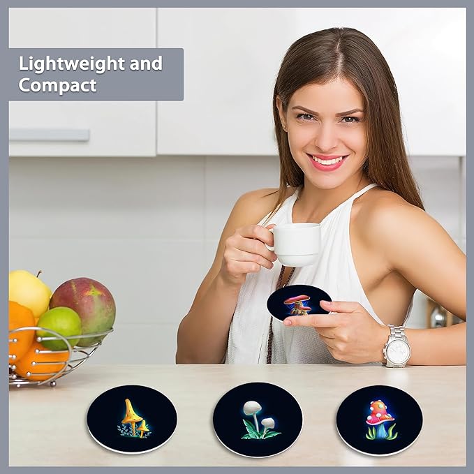 6 Pcs Coasters for Drinks with Holder,Magical Glowing Mushrooms Absorbent Coaster with Cork Backing,Great Gift for Housewarming,Room Decor,Bar,Holiday Party