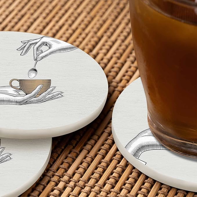 Coffee Cup and Spoon Cup Coasters for Table Vintage Teacup Pair of Hands Stylized Sketch Reusable Drink Coasters Set 2 Pcs Coffee Home Farmhouse Living Room Bar Decor
