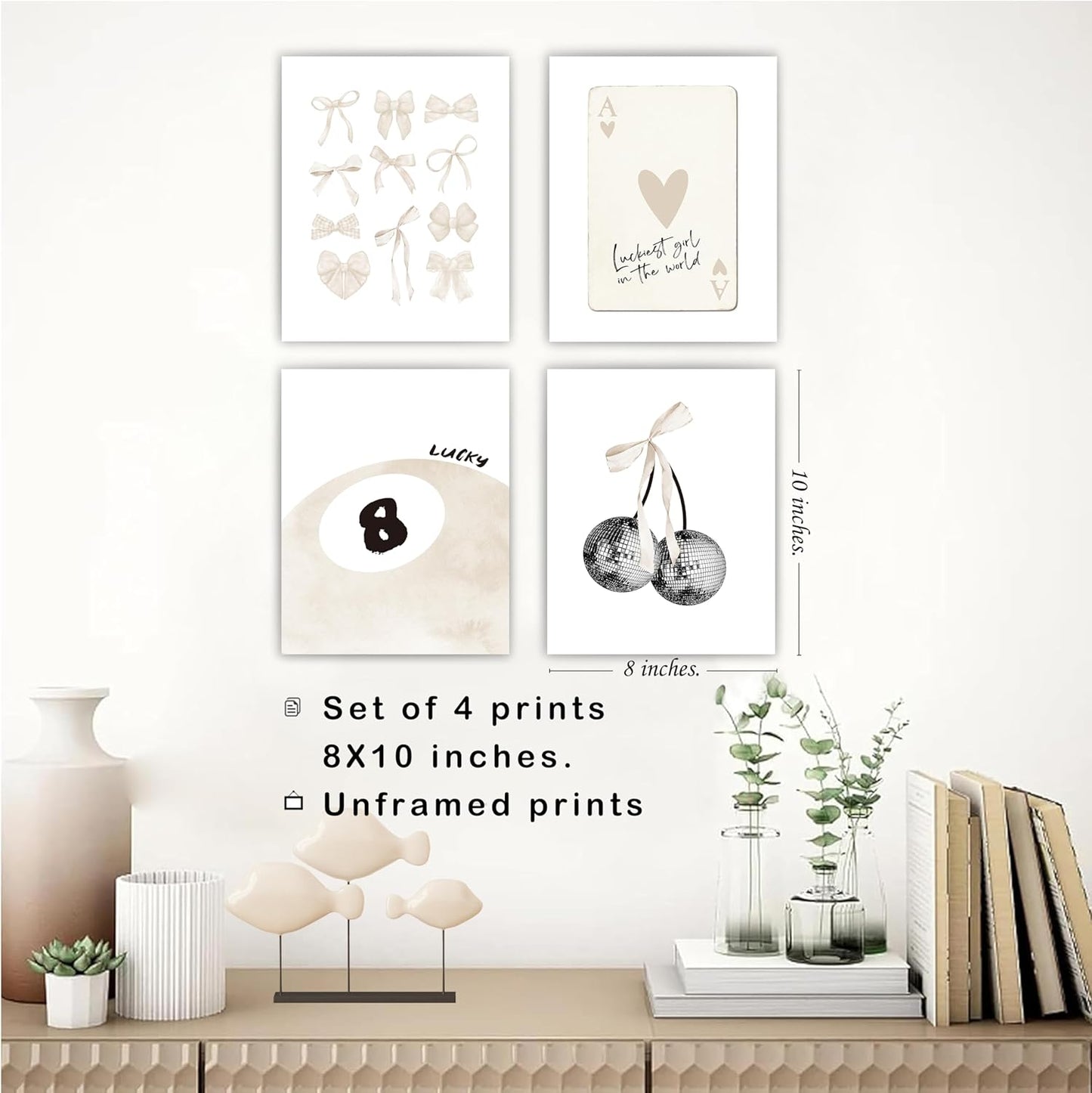 okaxscm Beige Coquette Trendy Preppy Wall Art Prints Set of 4, Coquette Room Decor, Preppy Room Decor Aesthetic, Beige Bow Disco 8 Ball Cherry Wall Decor Posters for Girls Bedroom Dorm, 8x10 Unframed