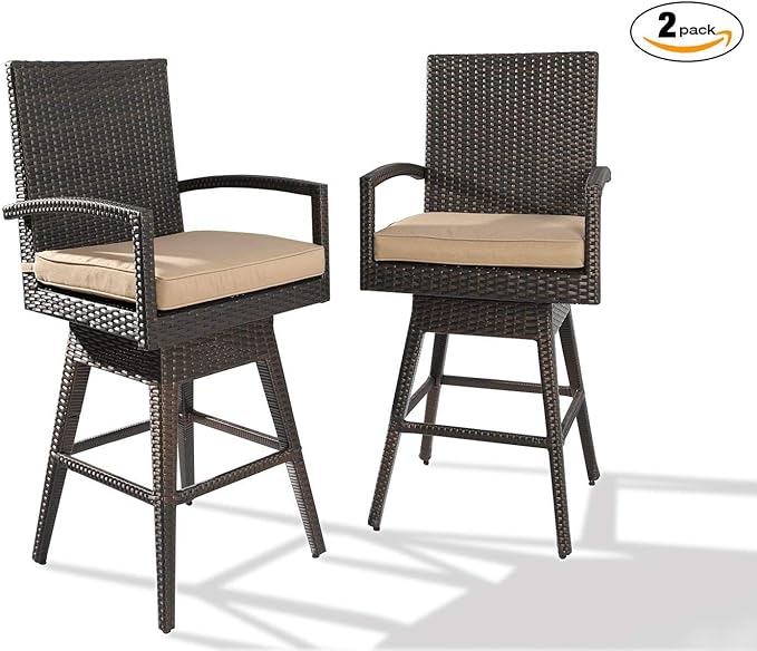 Ulax furniture 2-Pack All-Weather Brown Wicker Outdoor Patio Swivel Bar Stool with Cushion