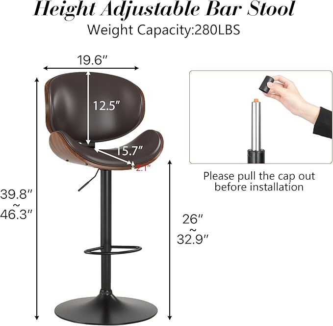 KCC Bar Stools Set of 6, Swivel Adjustable Height Barstools, PU Leather Upholstered Bar Chairs with Footrest, Bentwood Bar Stool for Kitchen, Bar, Dining Room(Brown PU)