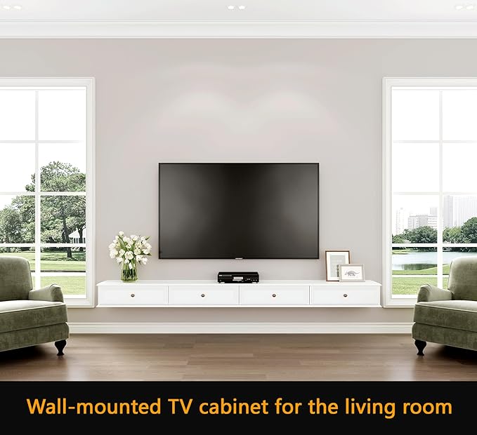 86-inch Wall-Mounted TV Stand, Accommodates 50- to 75-inch TVs, Features Hidden Cable Management, high Weight Capacity, Space-Saving White Floating TV Stand