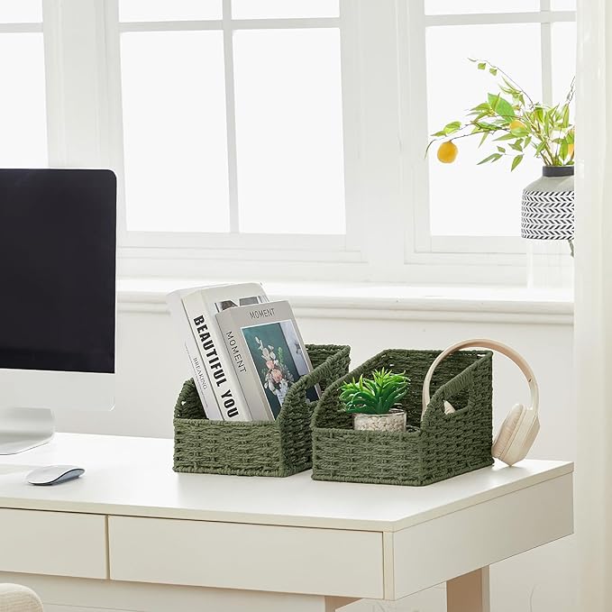 Wicker Baskets for Organizing,Pantry, Kitchen Counter with Handles, Handwoven Woven Storage Baskets for Fruit, Bread, Vegetable, Paper Storage Bins for Shelves, 3 Pack, Green