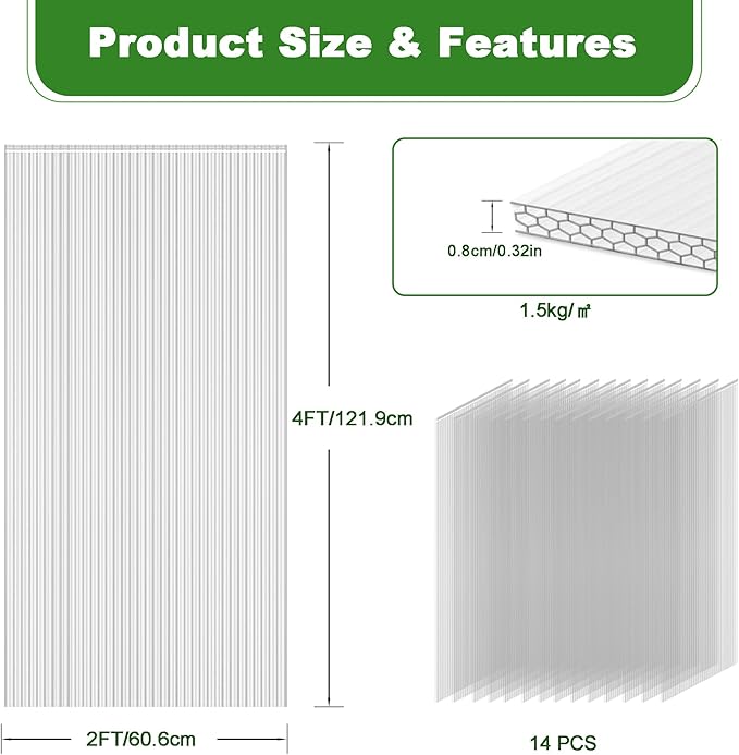 14PCS 4' X 2' X 0.32'' Polycarbonate Greenhouse Panels, Waterproof UV Protected Clear Polycarbonate Sheets Three-Layer Honeycomb Roof Panels, Corrugated Plastic Roofing Panels for Greenhouse
