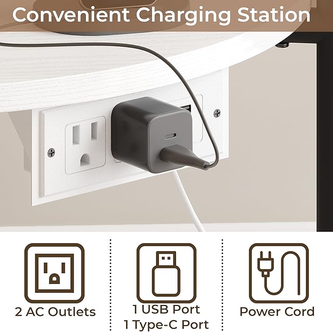 LIKIMIO Round Side Table Set of 2, 23.6" W End Table with Charging Station, Modern Wooden Nightstand for Small Spaces, Living Room, Bedroom, White