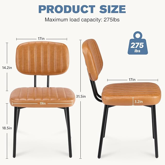 DUMOS Dining Chairs Set of 2, Upholstered Mid-Century PU Leather Accent Chair with Backrest and Metal Legs for Kitchen, Living Room, Brown