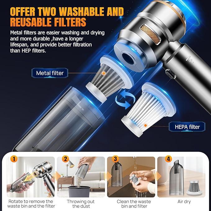 Mini Car Vacuum Cleaner,20000PA 4-in-1 Cordless Handheld Vacuum Cleaner with 6000mAh Battery Brushless Motor Hand Held Vacuum Air Duster & Air Blower & Pump for Car,Office and Home Cleaning