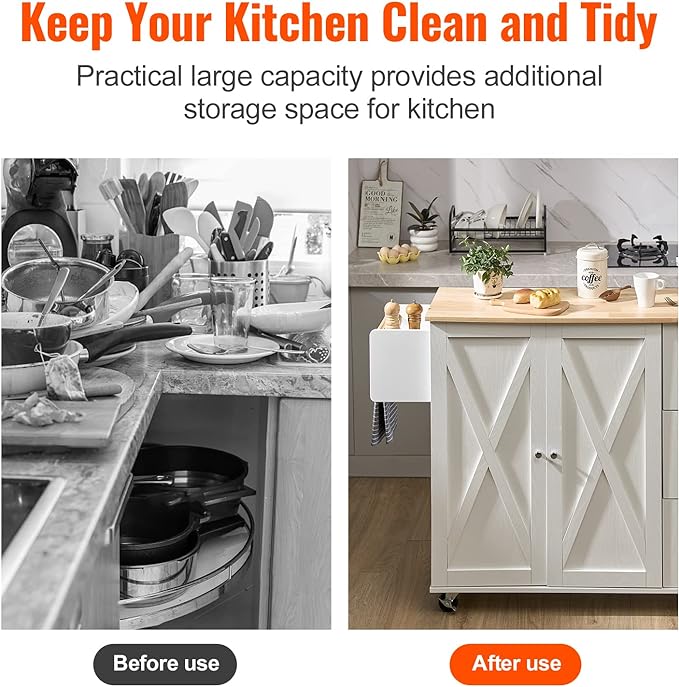 VEVOR Kitchen Island Cart with Solid Wood Top, 35.4" Width Mobile Carts with Storage Cabinet, Rolling Kitchen Table with Spice Rack, Towel Rack, Drop Leaf and Drawer, Portable Islands on Wheels, White