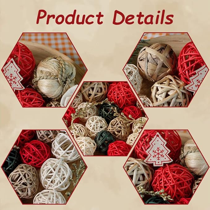 Qingbei Rina Decorative Balls for Bowls,Red Bowl Fillers Vase Filler Wicker Rattan Balls Decorative for Home Decor,Winter Holiday Orbs Spheres Woven Spherical Farmhouse Decor Props(Large)
