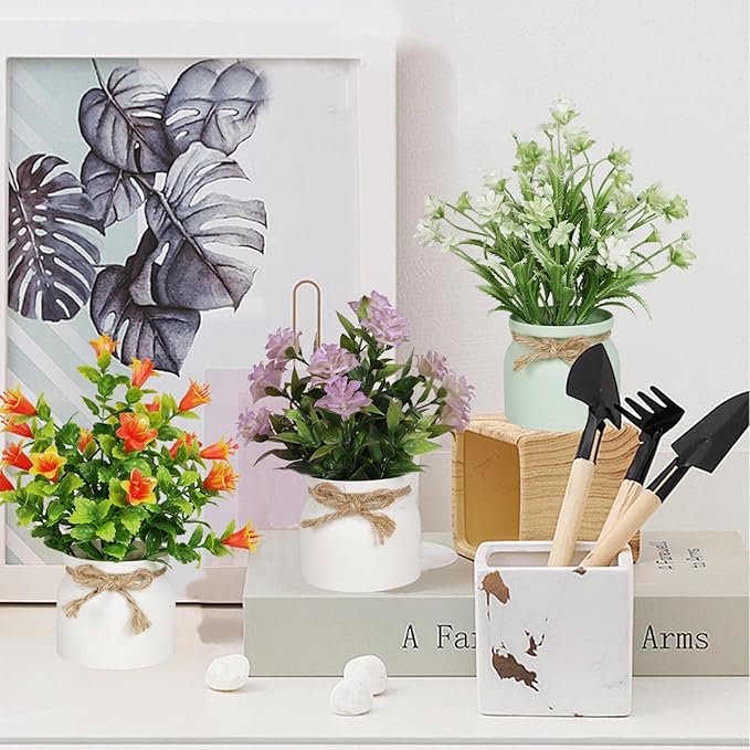 6pcs Artificial Pot Flowers Small Fake Plants with Pot Mini Potted Plants for House Office Tabletop Decoration