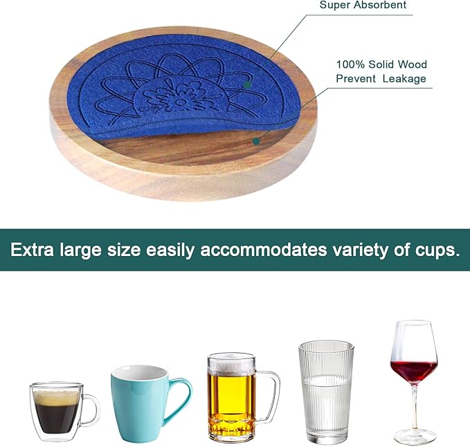 5 Pack Wood Coasters for Drinks, Minacun Absorbent Coaster Set, Drinks Coasters for Coffee Tabletop Protection, Non-Slip, Non-Stick, Suitable for Kinds of Cups Wooden Table Drink, 4.3 Inch Blue