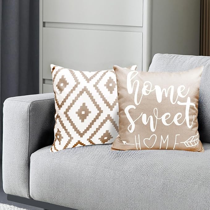 Decorative Throw Pillow Covers Set of 4 Light Khaki Pillow Covers 22x22 inch Throw Pillow Cases Linen Square Pillow Case,Farmhouse Outdoor Geometric Pillow Covers for Couch Sofa Living Room