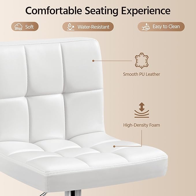 Yaheetech Bar Stools Set of 2, PU Leather Adjustable Swivel Barstools, Armless Hydraulic Kitchen Counter Bar Stool, Kitchen Island Chairs Set of 2, White