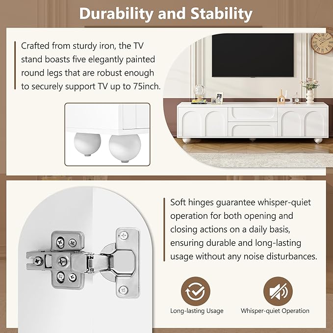 Merax Cream Style TV Stand with Arched Doors & 2 Drawers for TVs up to 75", Minimalist Media Console with Rebound Device, Entertainment Center with 5 Iron Round Legs for Living Room, Bedroom, White