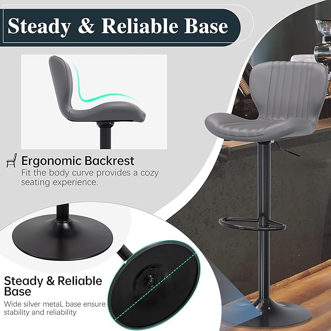 SUNLEI Swivel Swivel Bar Stools Set, Barstools Counter Height with Shell Shaped Backrest, Adjustable Moder Stools Pu Leather Bar Stool for Kitchen Counter, Island, Bars, Dining Room(Gray, Set of 2)