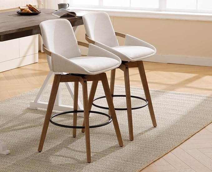 EALSON Swivel Counter Height Bar Stools Set of 2 Mid Century Modern Natural Wood Barstools with Back and Arms Comfortable Upholstered Counter Stools Linen Bar Chairs for Kitchen Island, Beige