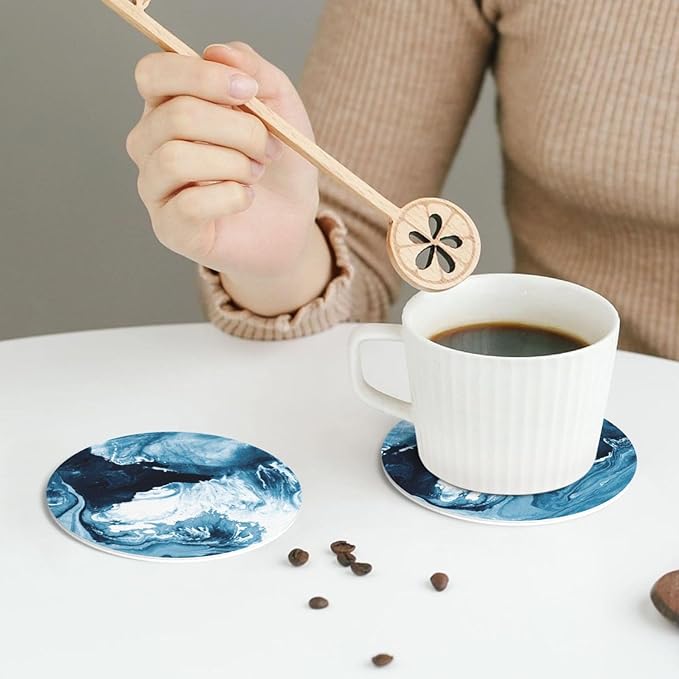 Blue Ocean Marble Coasters Set of 6 Coasters for Drinks Absorbent Double-Sided Leather PVC Coaster for Tabletop Protection Coffee Table Decor Ideal for Home Decor House Warming Gifts