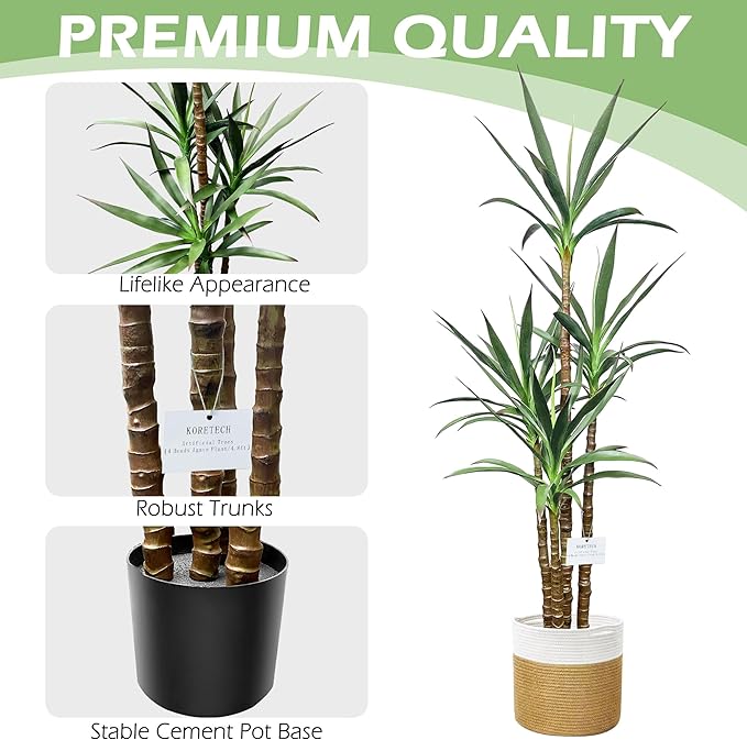 Artificial Trees 58 Inch/ 4.8Ft Faux Tree 4 Trunks Agave Plants, Tall Plant Fake Plant with Plastic Pot for Home Decor, Office Decor