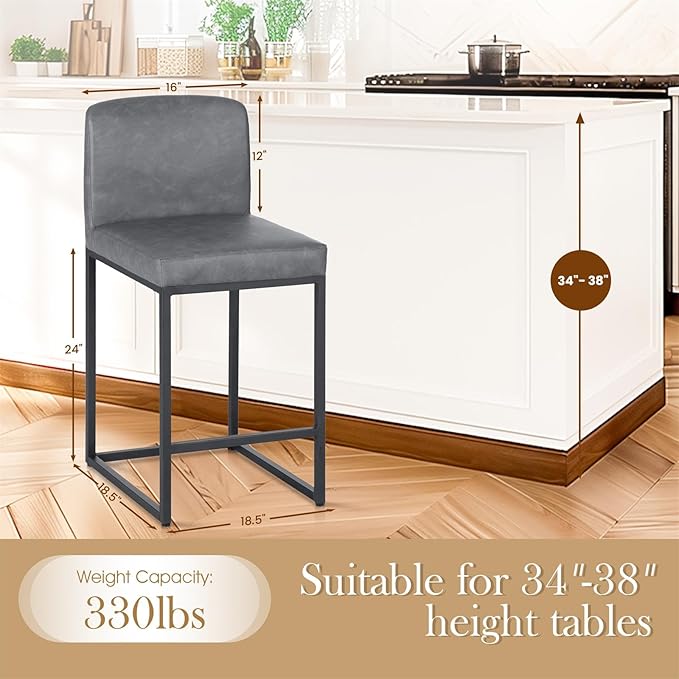 Sophia & William Bar Stools, Counter Height 24" Bar Stools for Kitchen Island, Modern PU Leather Metal Counter Stools,Grey,1 Pack