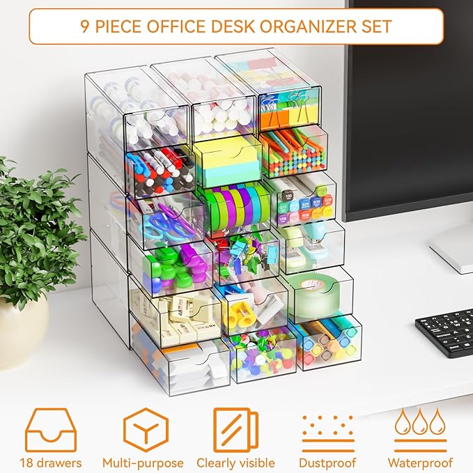 Yieach 9 Pack Small Acrylic Drawers With 18 Drawers,Clear Drawer Organizers Stackable,School,Office Supplies Organizer And Storage Bins for Stationery,Pen,Pencil,Craft,Glasses,Sunglass Organizer Case
