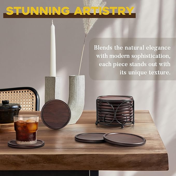 Wood Coasters with Holder, GOH DODD Set of 8 Walnut Wooden Coaster Tabletop Protection for Drinks Coffee Table Home Kitchen Office Bar Living Room Decor Housewarming Gifts Wedding Party, 4 Inch