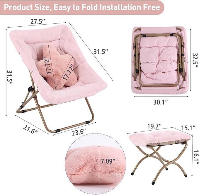 Welnow Comfy Saucer Chair with Ottoman, Oversized Folding Reading Chair for Adults with Throw Pillow Soft Faux Fur Lounge Chair for Bedroom Furry Accent Chair for Living Room, Dorm Rooms, Pink