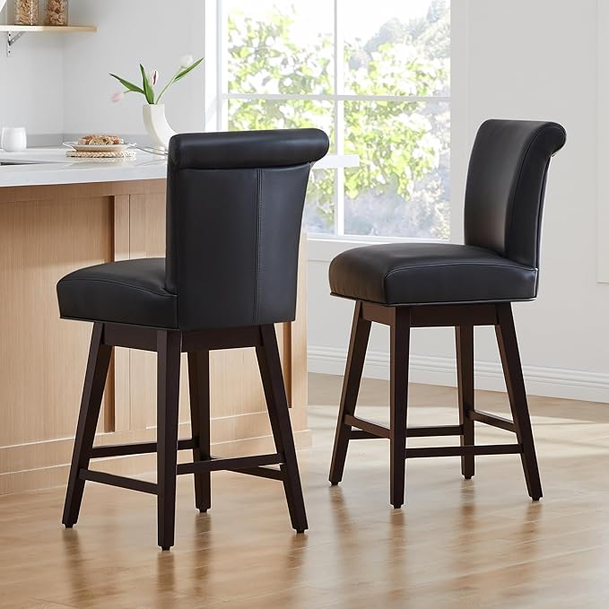 CHITA 30 Inch Counter Height Swivel Bar Stools Set of 2, FSC Certified Modern Upholstered Faux Leather Swivel Barstool Chairs with Back, Black