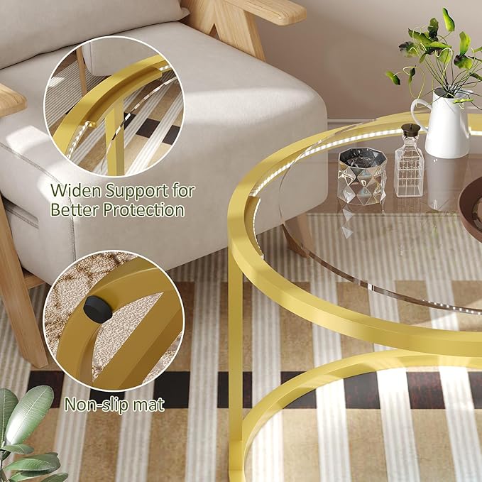 Glass Coffee Table Modern Center Table,Minimalist Round Coffee Tea Table with LED Lights,Simple Tea Cocktail Modern Center Tables for Home, Office, Bedroom,Gold