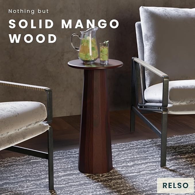 Relso Enteka Solid Mango Wood End Table – 24" Tall Accent Side Table with Walnut Finish | Handcrafted Coffee Table, No Assembly Required | Perfect for Modern Living Rooms, Farmhouses, Small Spaces