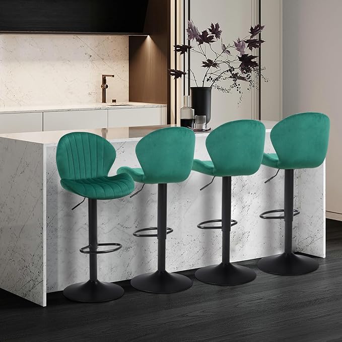 Modern Bar Stools Set of 4, Velvet Height Adjustable Swivel Barstools, Armless Kitchen Island Counter Chairs with Back & Footrest, Green