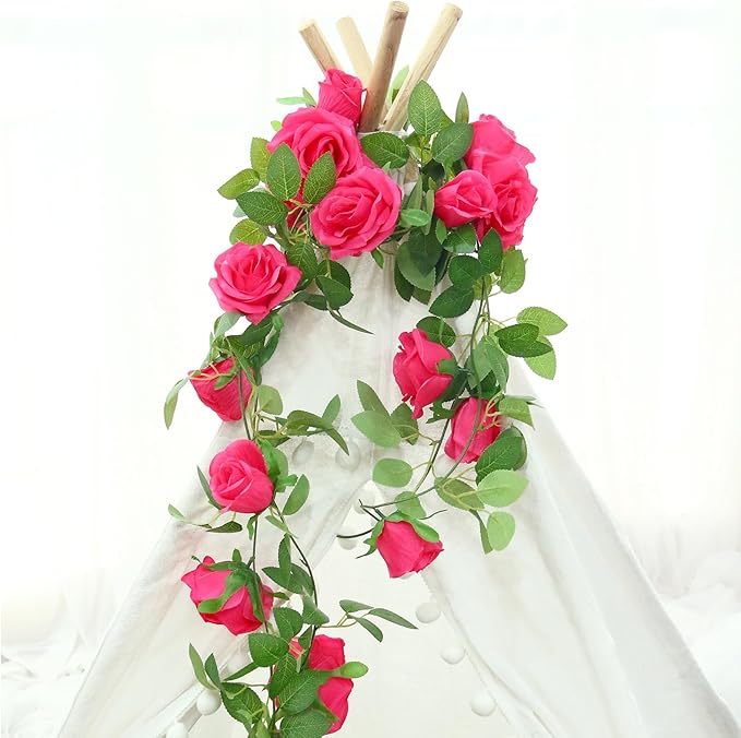 Felice Arts 2 Pack Hot Pink Artificial Floral Garland Each 6.5FT Fake Rose Vine Hanging Rose Garland for Wedding Flowers Table Centerpiece Arrangement Room Baby Shower Teepee Mirror Decor
