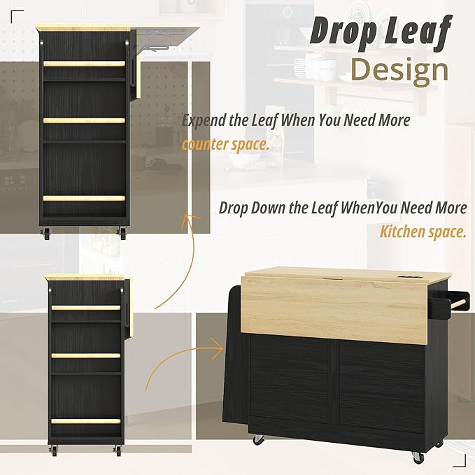 IRONCK Kitchen Island Cart with Storage, Rolling Kitchen Table with Power Outlet, Storage Cabinets on Wheels with Drop Leaf, Portable for Dining Room, Black